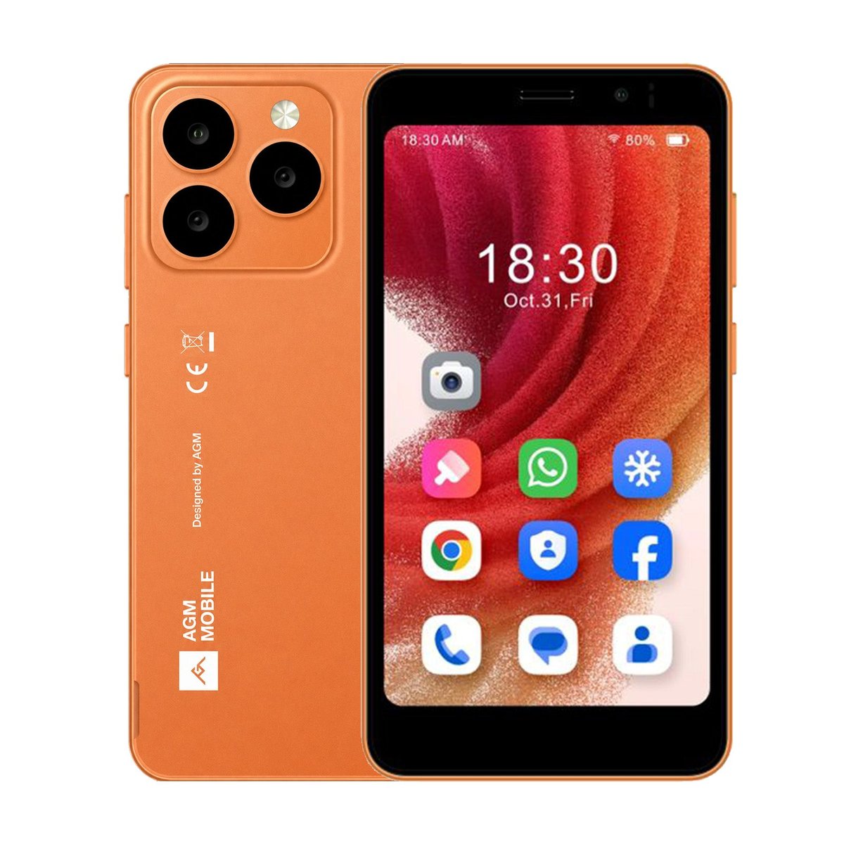 Móvil pequeño AGM Note N2 de 4,96 pulgadas en color naranja, vista frontal y trasera