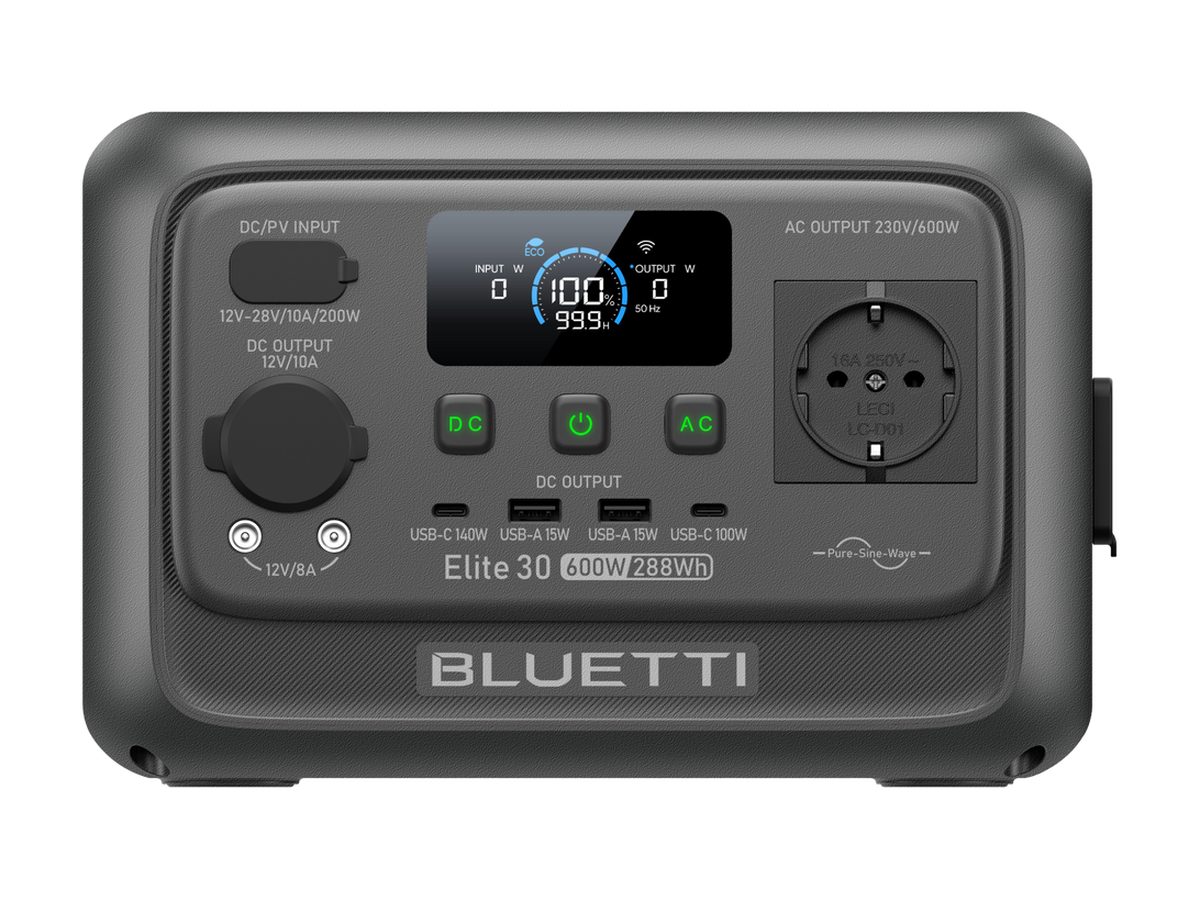 Estación de energía portátil BLUETTI Elite 30 V2 de 288 Wh en color gris, vista frontal