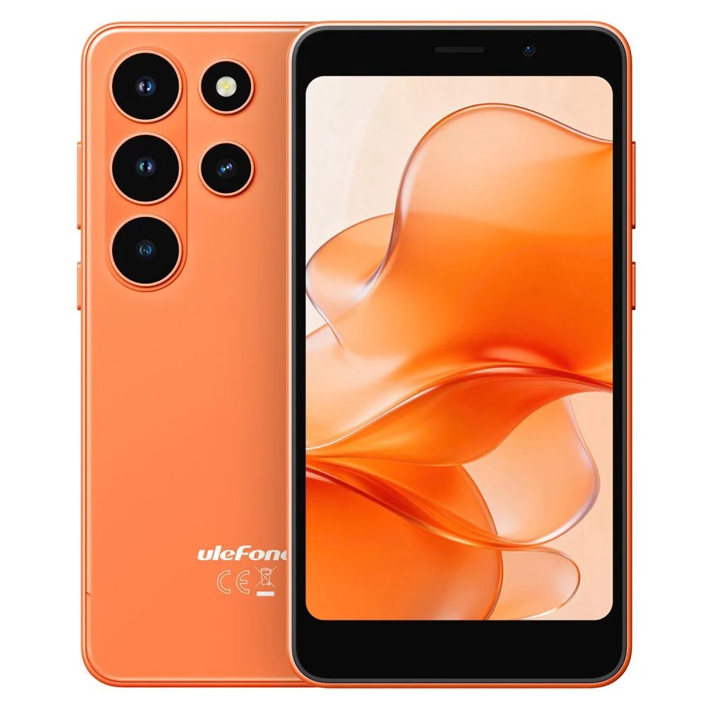 Móvil compacto Ulefone Armor Note 22 de 5 pulgadas en naranja, vista frontal y trasera